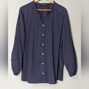 Lane Bryant Navy Textured Button-Front Long Sleeve Shirt Romantic Folk Boho